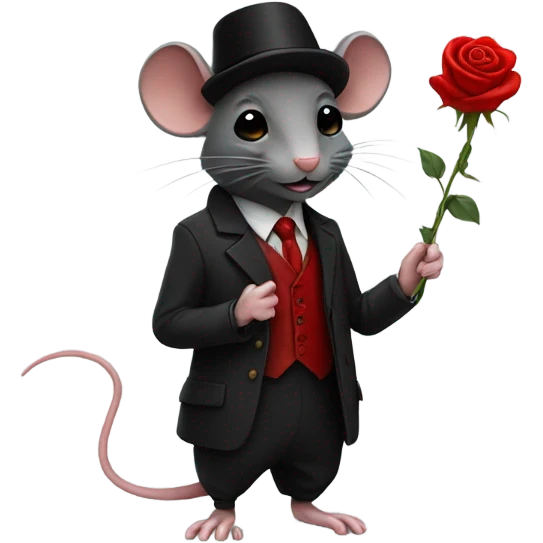 un rat noir avec une rose rouge sur le costume emoji