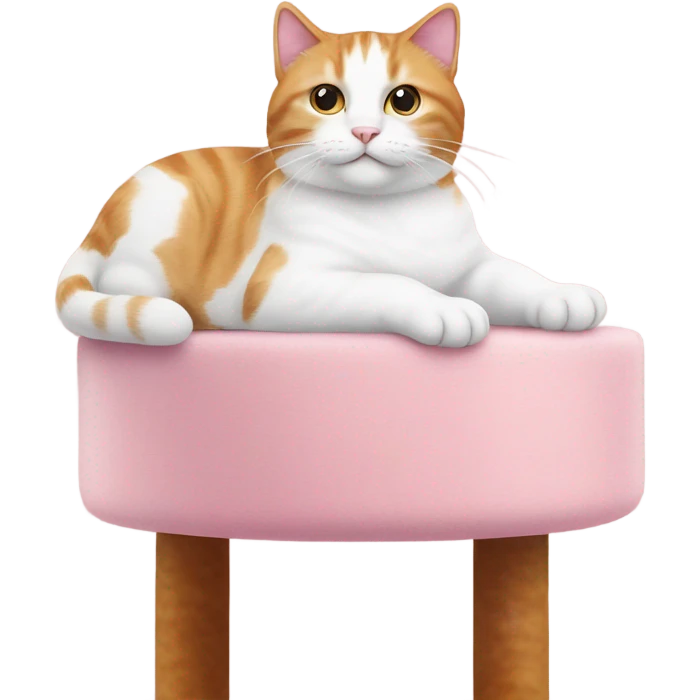 A chunky white and ginger cat on top of a pink cat tree emoji