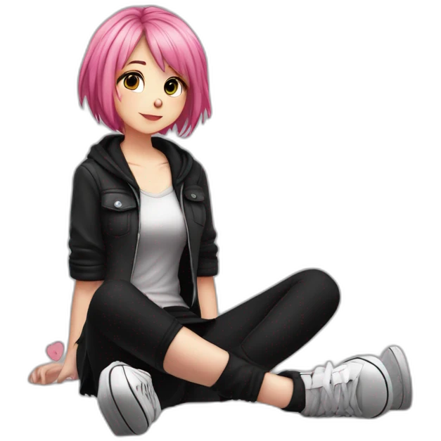 Full body Front view curvy emo girl pink hair sits on the floor straight view hands up black skirt полосатые рваные чулки emoji
