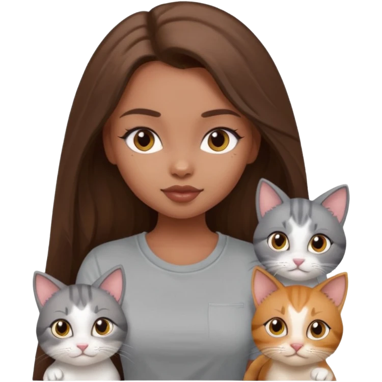 a pretty bratz dusky girl with long brown hair with four cats nd wearing a grey tshirt emoji
