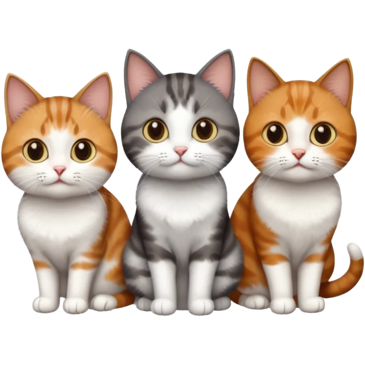 3 different coloured short haired cats including; a dark brown tabby and white cat, and a dark grey and white and a ginger and white emoji