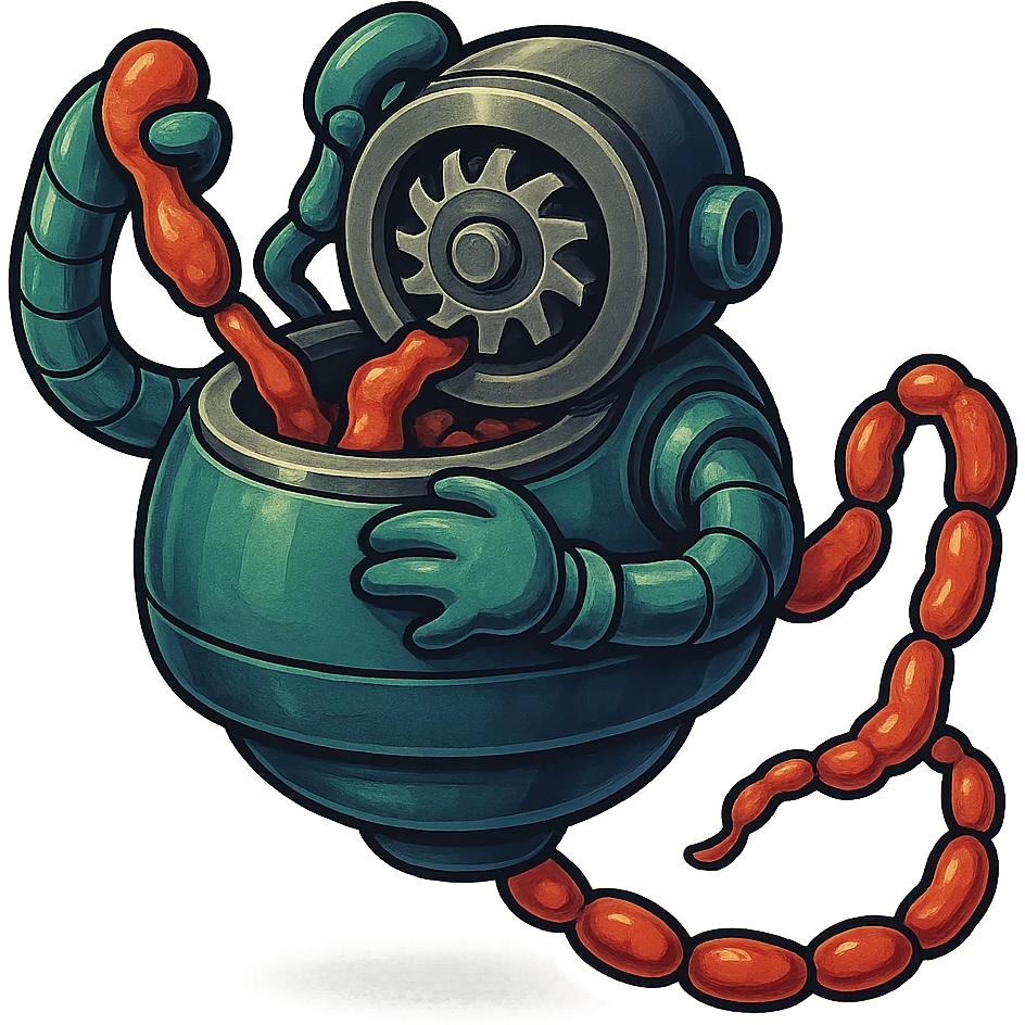  hovering sausage-processing droid in a retro-futuristic style. Its top half is a circular industrial meat grinder with rotating gears and blades. Two robotic arms feed material into the grinder. Sausage links extrude from the rear like a factory line. The body is metallic, compact, and floats above the ground with no legs. Dark humor tone. emoji