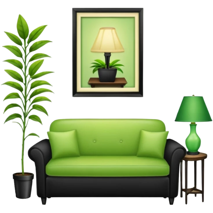 living room in ios emoji style

no TV, and make the couch a light green color

there is a lamp on one side and one plant on the other side emoji