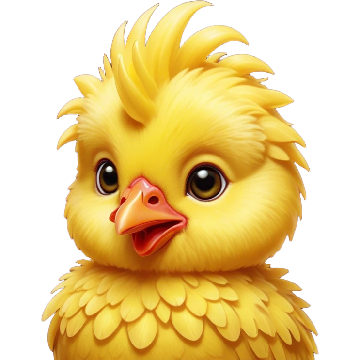 Cinematic Cute Yellow Baby Chicken Portrait Emoji, Head tilted playfully and inquisitively, featuring a fluffy, vibrant yellow downy coat with a tiny red comb, round, sparkling beady eyes filled with curiosity, Simplified yet irresistibly adorable features, highly detailed, glowing with a warm, friendly glow, high shine, affectionate and lively, stylized with a touch of playful whimsy, bright and endearing, soft glowing outline, capturing the essence of a mischievous yet loving chick, so playful it feels like it could peep out of the screen and into your arms! emoji