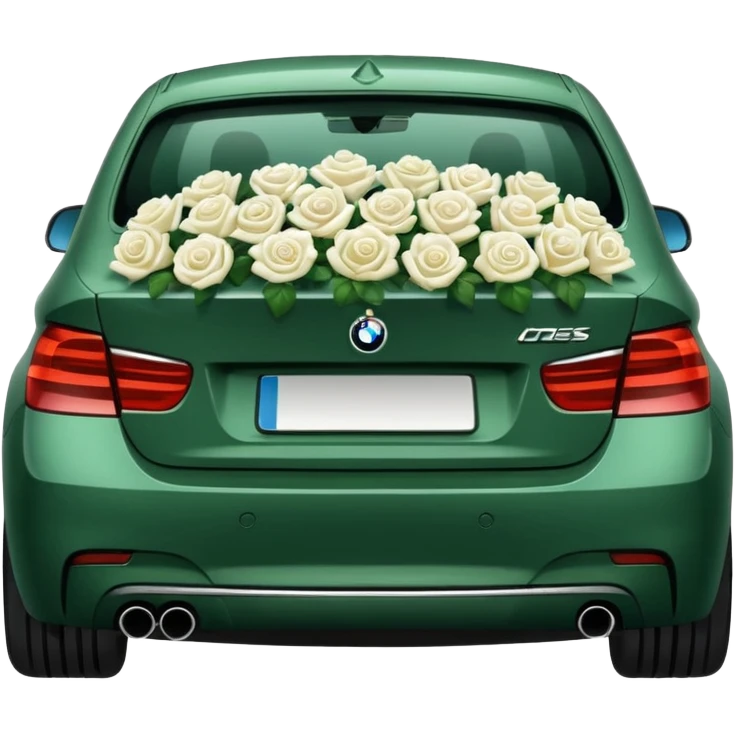 BMW car, rear view, trunk overflowing with white roses, emoji style emoji