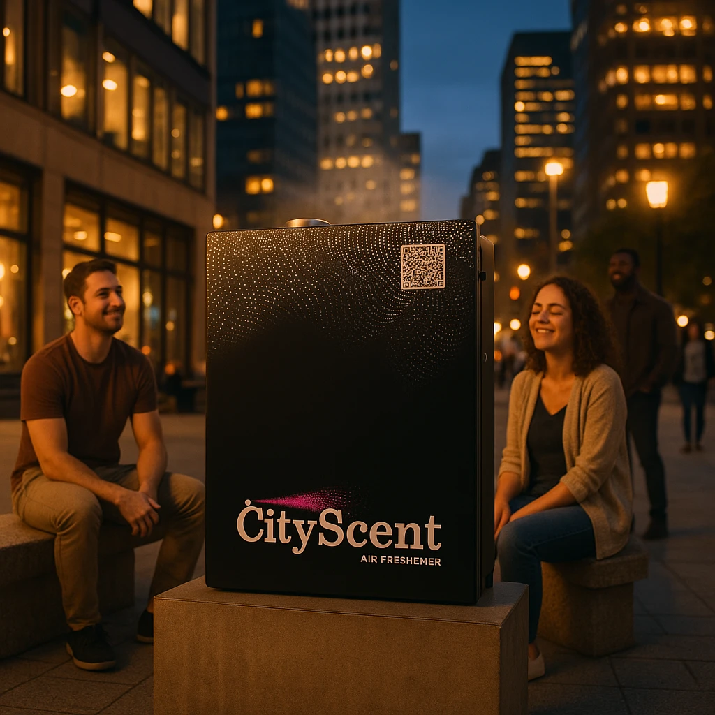 Place this exact CityScent air freshener machine realistically in the center of a modern city at evening, with city lights and a calm urban atmosphere. Show a few people sitting or standing nearby, looking relaxed and happy, enjoying the scent. The style should be photorealistic, realistic and inviting. emoji