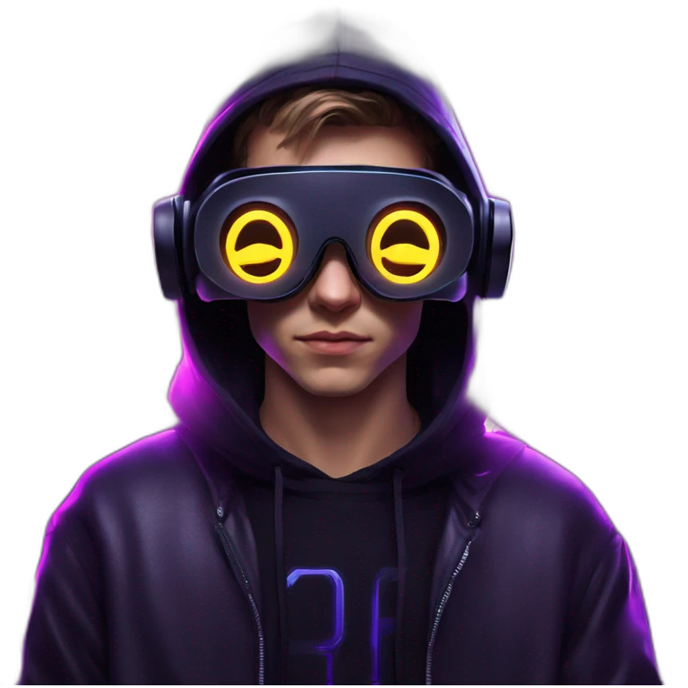 Russian young man wearing a black hoodie with "OMG" letters on it and VR headset in a cyberpunk VR environment with violet neon lighting. emoji