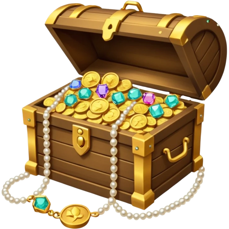 A treasure chest is slightly open and peeking out from inside are treasures: colored diamonds, gold necklaces, pearls, and gold coins. emoji