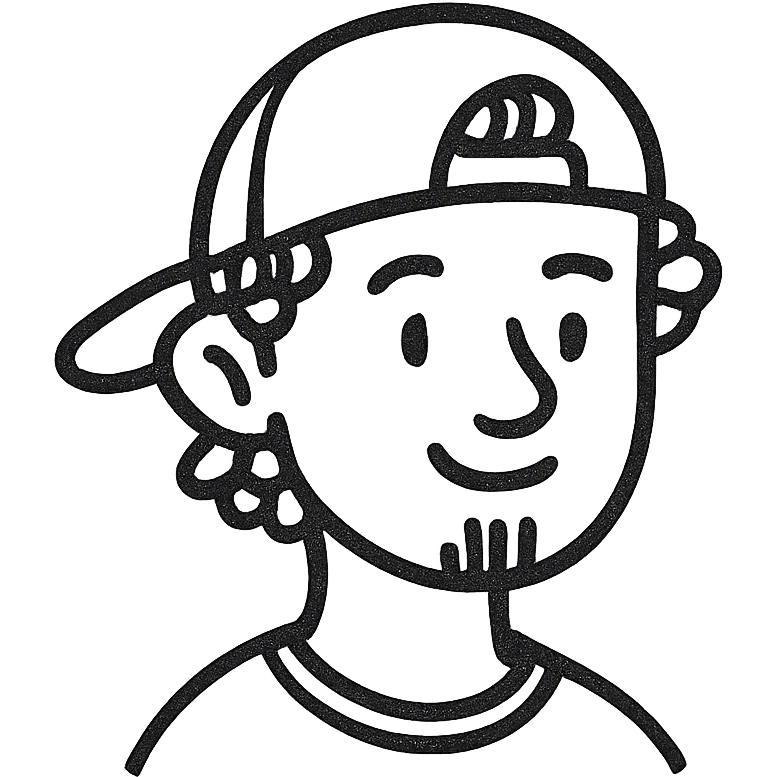 A boy with a backward cap, curly orange hair, and a goatee emoji