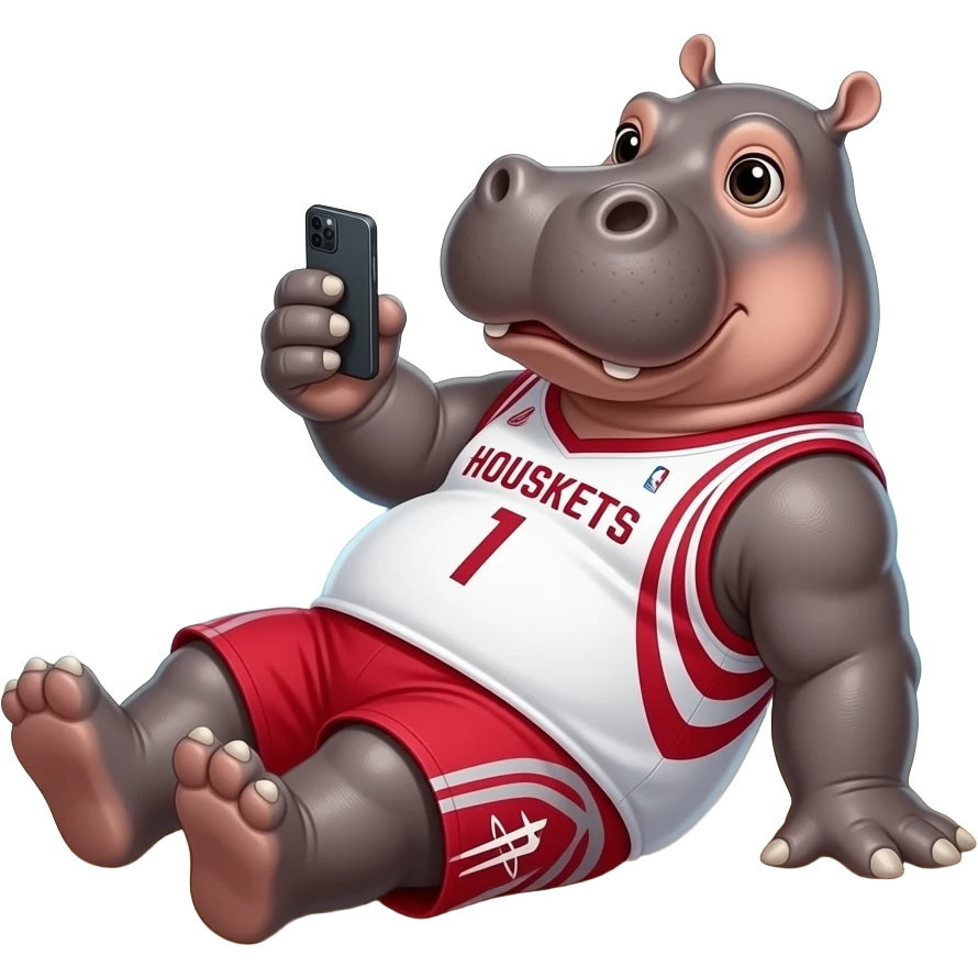 hippopotamus wearing houston jersey playing cellphone in beach emoji