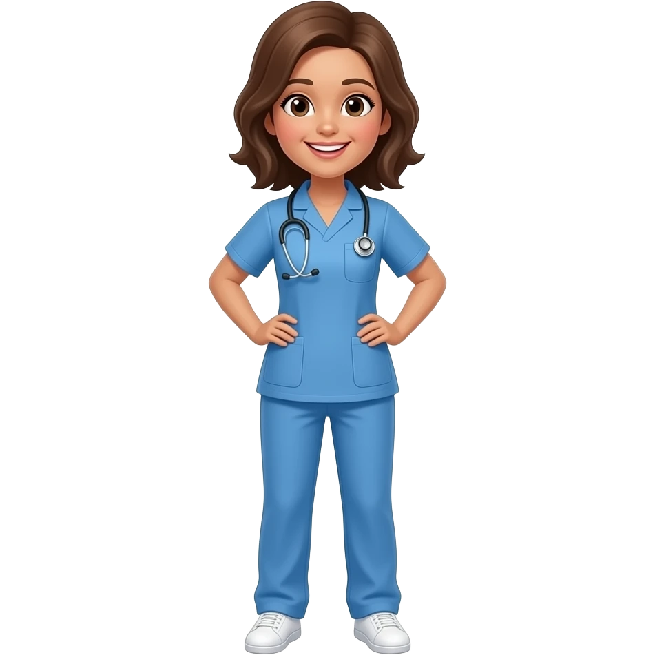 full body nurse in blue scrubs smiling with her hands on her hips. Her is hair brown and she has light brown skin. Shoe has white shoes on. She has no hat on. no stethoscope on her emoji