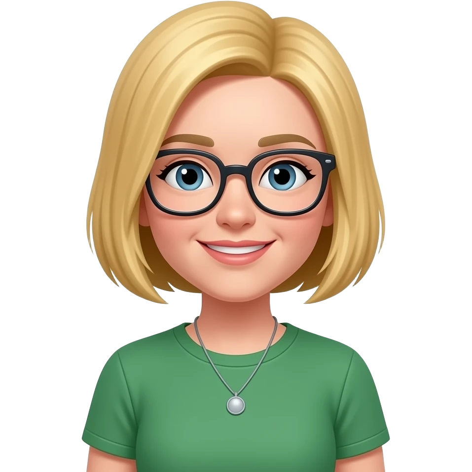 A character with a bob cut blonde hair, wearing a green t-shirt and a necklace, no glasses. emoji