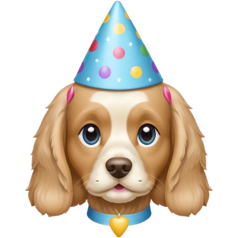 Light Beige cocker spaniel with light blue eyes, wearing a party hat emoji