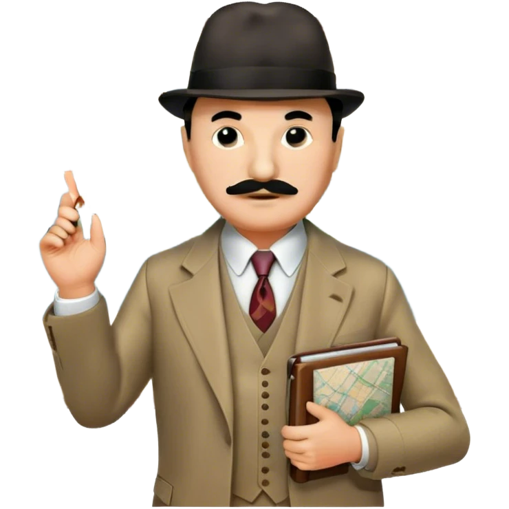 A cinematic-style frame showing Hercule Poirot in his iconic suit with a notebook in a dramatic detective pose. Background should be mysterious city, map, a board with photos of suspects, clues like fingerprints. Transparent background. emoji