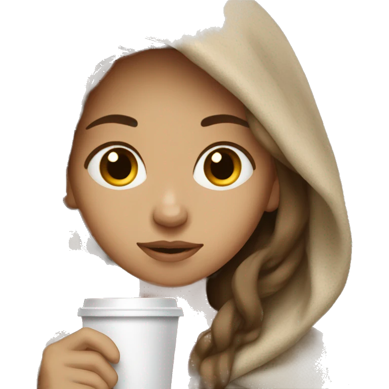 Girl with coffee dark blond hair, light skin Snuggled up in a blanket  emoji