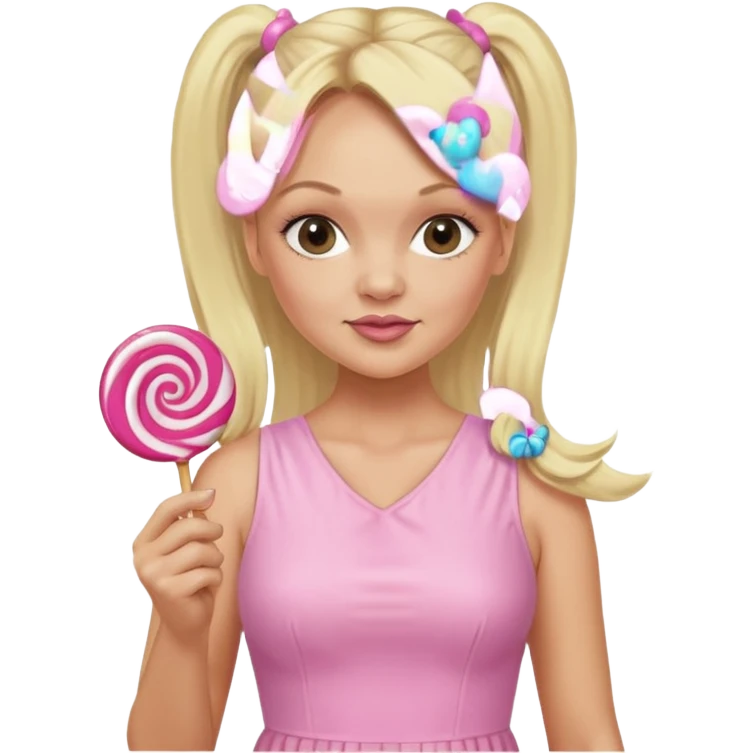 Emma Bunton with long blonde ponytails wearing light pink body dress holding a lollipop emoji