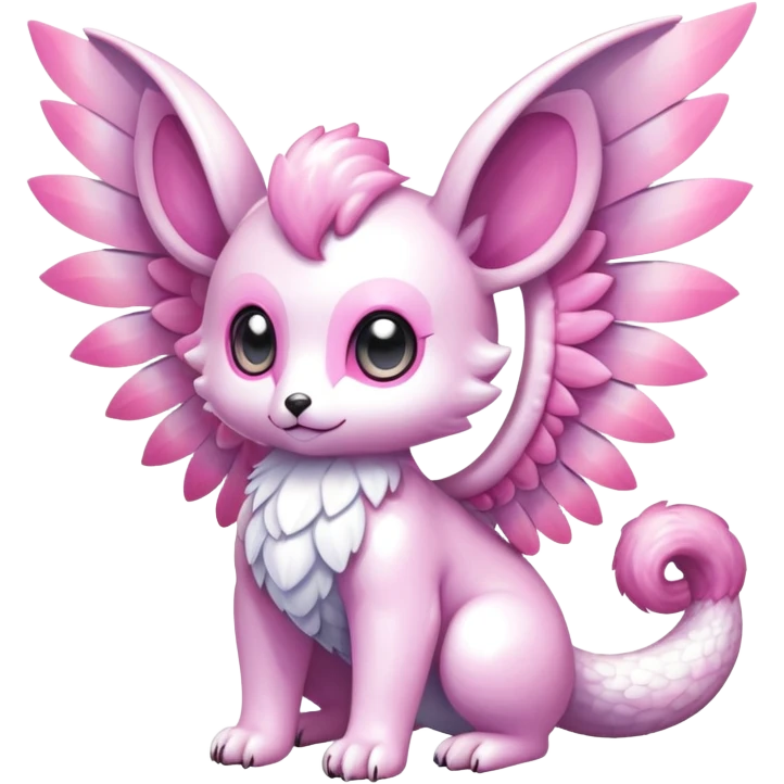 Shiny epic glittery iridescent divine white gold pink animal-fakemon-creature with head-ear-wings, cute, adorable, big eyes, fluffy tail emoji