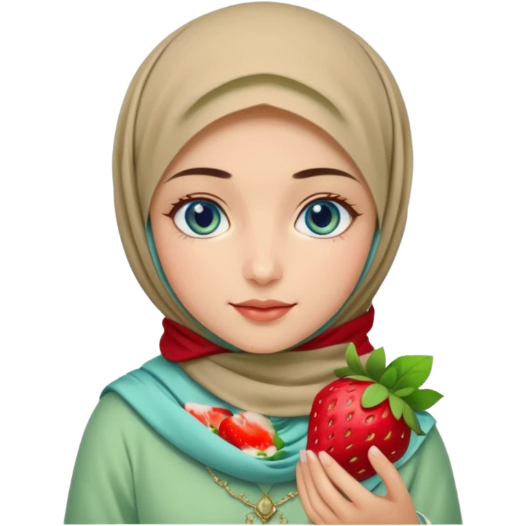 Turkish beautiful finish Konya girl blue eyes with beige and light green hijab islamic dress and had on her hand strawberry Matcha  emoji