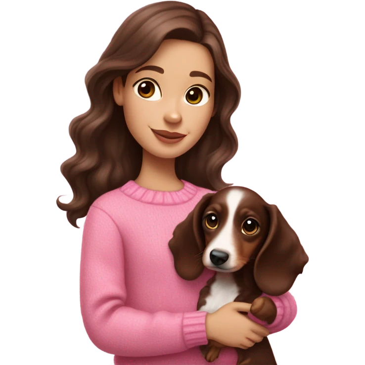 white girl with dark brown wavy hair in a pink sweater holds a dachshund chocolate and cream long haired puppy in her arms emoji