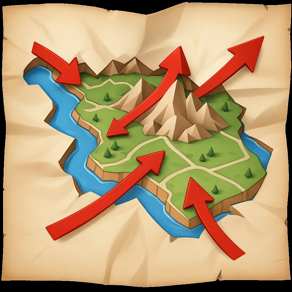 Add bold red arrows to the map, indicating an upcoming offensive attack strategy. Keep the emoji style and all original details. emoji