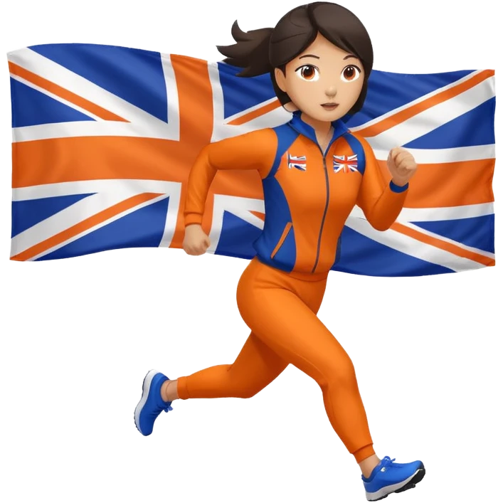 asian woman in orange sport suit and uk flag on the back holding it, running emoji