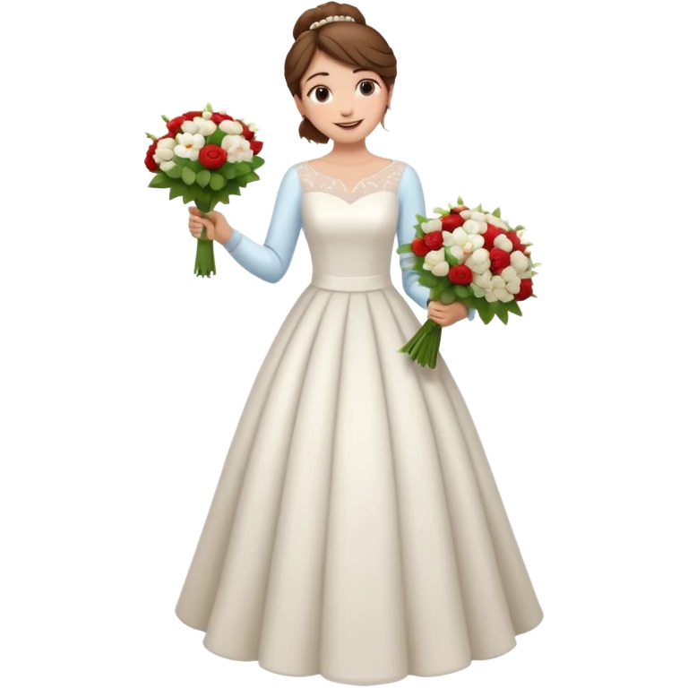 Chica blanca, cabello castaño, recogido en moño alto con mechones, vestido novia de manga larga, cuerpo entero, ramo de flores en una mano emoji