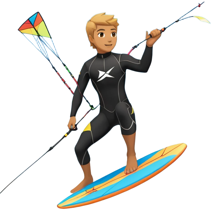 An athlete in a wetsuit riding a kiteboard, soaring over the sea waves with the kite high in the sky. The background features a vibrant blue sky and crashing ocean waves, capturing the thrill and freedom of kitesurfing in dynamic motion. emoji