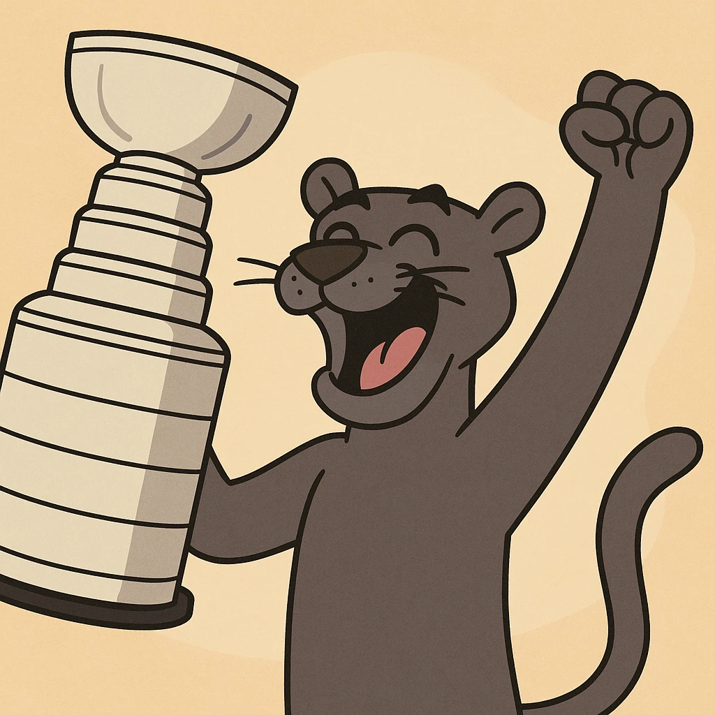 cartoon panther holding the Stanley Cup trophy and cheering emoji