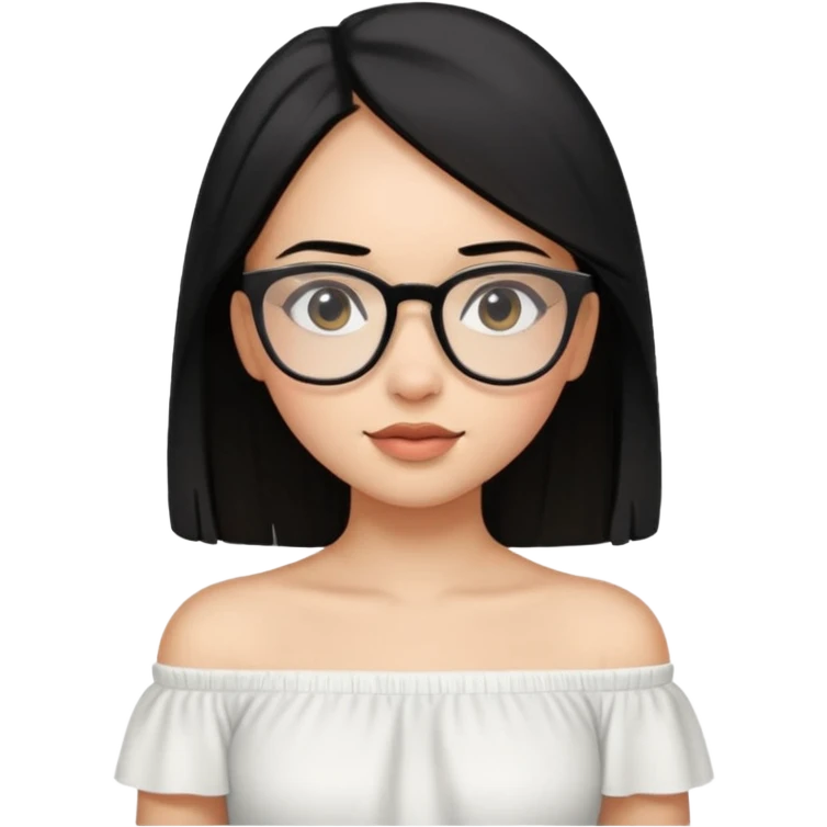 A light skinned girl with straight black hair on shoulder length wearing a white off shoulder and glasses emoji