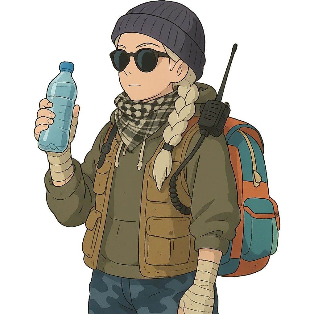 1 female, long white braid, knit cap, dark sunglasses, shemegh neckwrap, fishing vest, vibrant shool backpack, drab hoodie, handwraps, blue camo pants, handheld radio clipped to shoulder, unkempt, holding a bottle of water emoji