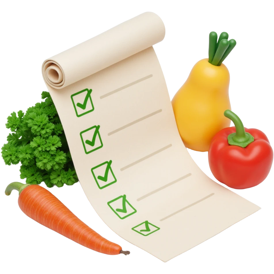 floating rolled paper list with green checkboxes and around vegetables emoji