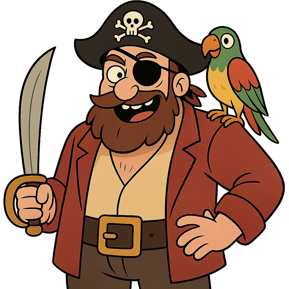 pirate with parrot on shoulder, bold lines, fun style emoji