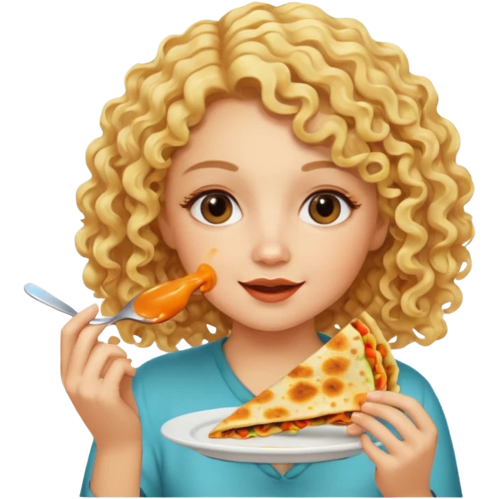 mujer con pelo rubio rizado comiendo quesadillas quemadas sabor bebé. emoji