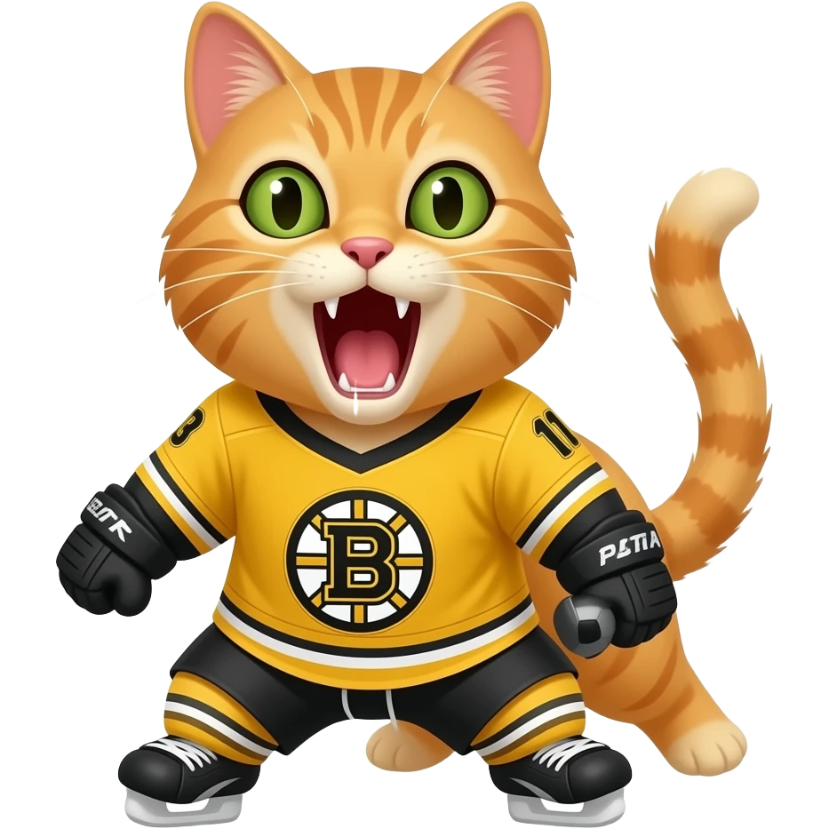 Orange cat roaring after a Boston bruins goal emoji