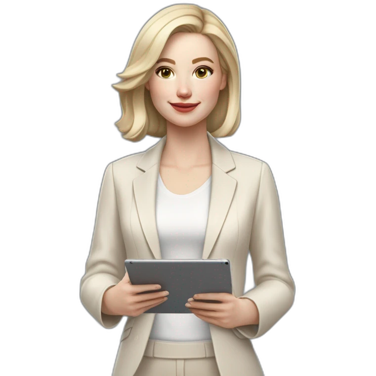 pale skin woman with ash blonde Straightened bob Hair, White Spacious classical jacket, beige palazzo Arrow pants and gray blouse holding a IPad Pro 12.9” in the hands emoji