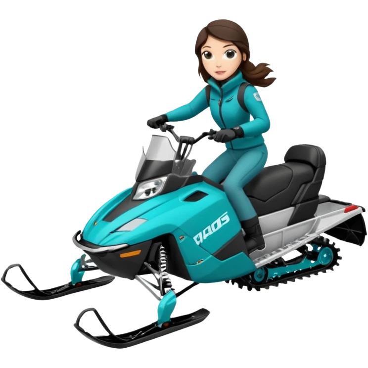 Can you create an emoji of a brunette girl on a teal polaris khaos 850 155 snowmobile action shot, no seat on the back emoji