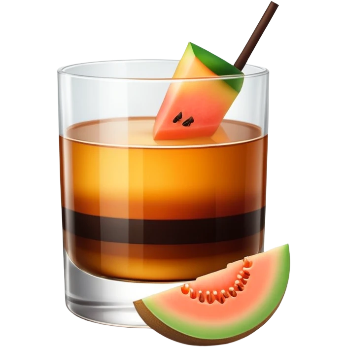 small clear glass with layered carajillo drink - amber liquor on bottom, dark coffee on top, with a slice of cantaloupe melon on the side emoji