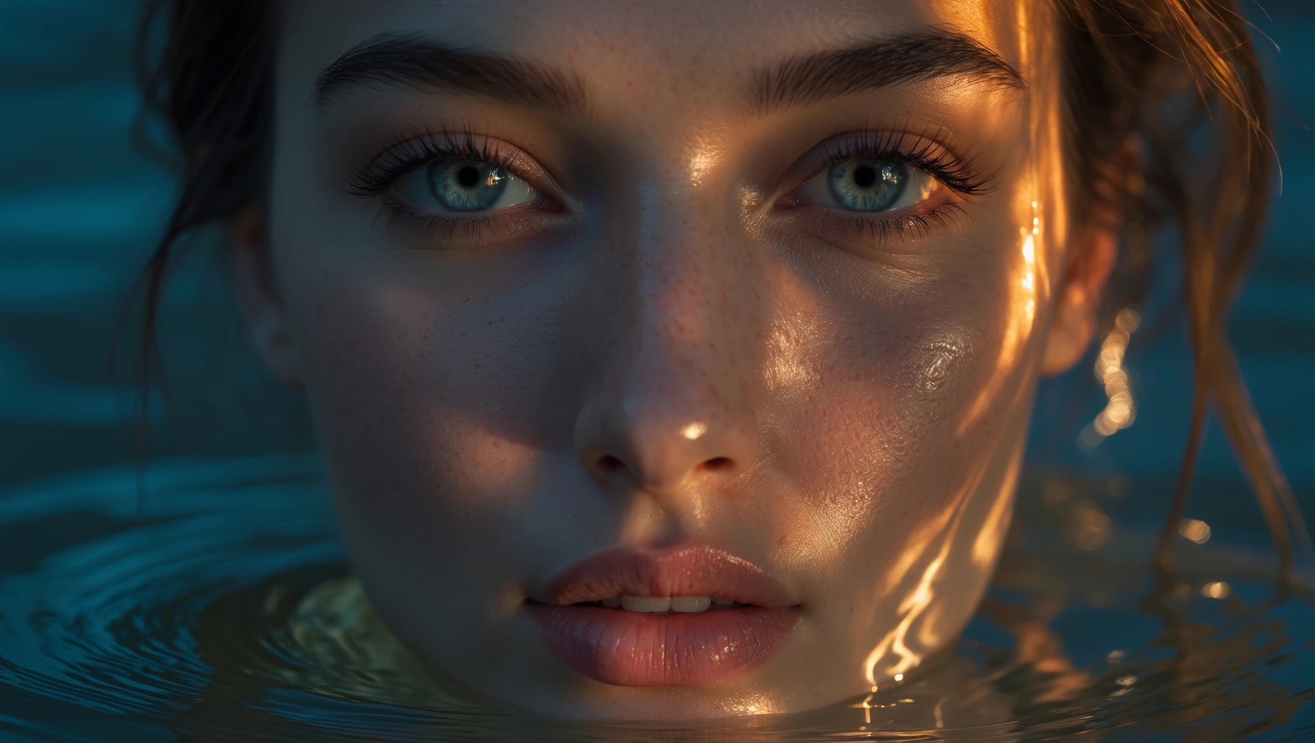 Extreme Closeup photo of a beautifull woman, water light reflection on face, low key light, cinematic light, 8K, very detailed, sharp emoji