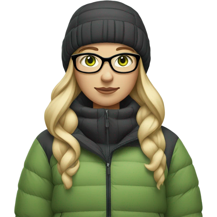 Green-eyed, fat female skier with long straight blonde hair, glasses, grey snow jacket, long black pants, black only snow boots standing tall. emoji