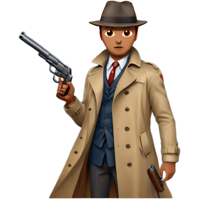 A vintage movie poster-style design featuring a close-up of a detective holding a gun on a dark London street. Full moon overhead, with blood splatter or stencil marks on the asphalt. The design should evoke a noir atmosphere, with retro cinematic typography. Transparent background. emoji