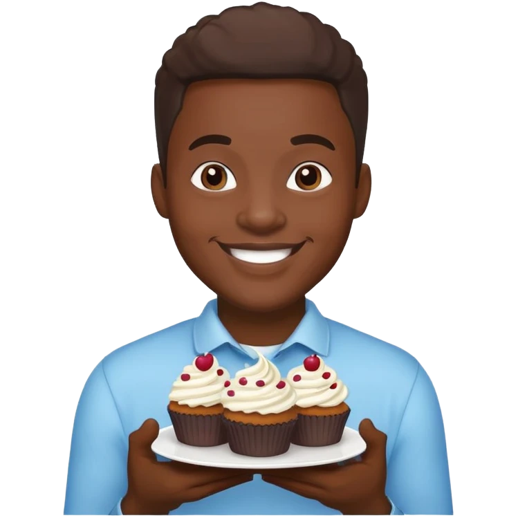 Cartoon of a very large smiling African American man holding cupcakes emoji