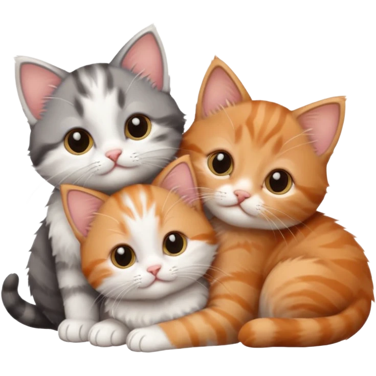 3 very small kittens cuddling together all different colours, the first one is grey and white, the second is ginger and white and the third is brown tabby and white emoji