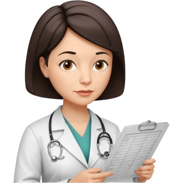 A female doctor in her 50s with visible facial wrinkles, dark brown short bob hair, her body turned slightly at an angle, with her gaze clearly directed downward and fixed on the medical chart she is reviewing. emoji