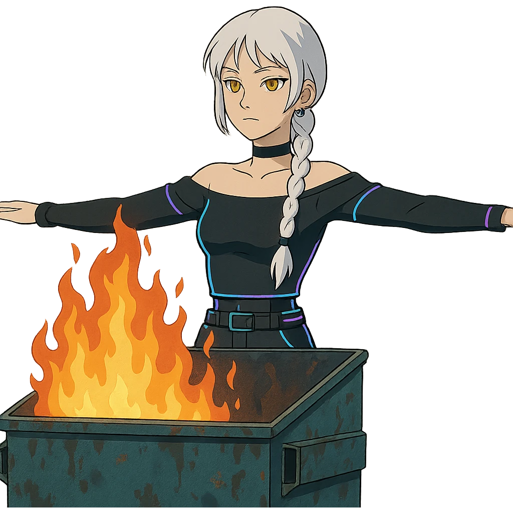  young woman with gold yellow eyes, white hair, long braid, black off-shoulder top, punk gothic style, futuristic cyberwave cyberpunk,, she is calmly t-posing , there is a dumpster fire in front of her emoji