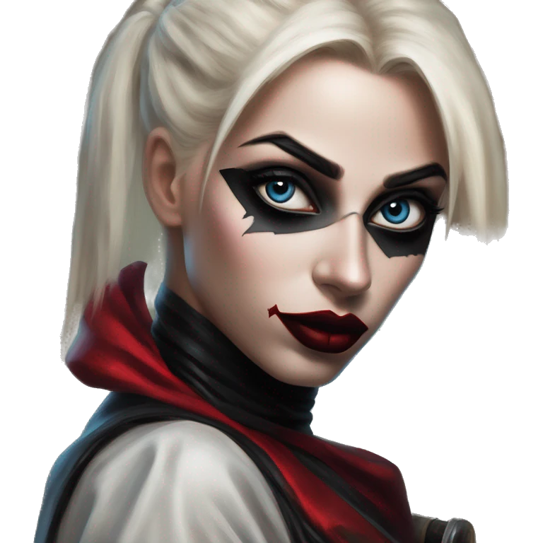 Arabic ninja in Harley Quinn style, oil paint, mysterious eyes, intricate lips, masterpiece portrait, odd perspective, beautiful, desirable, logical emoji