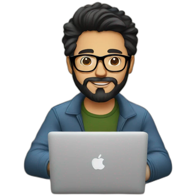 Designer with black hair, beard and glasses working with MacBook and drinking cappuccino  emoji