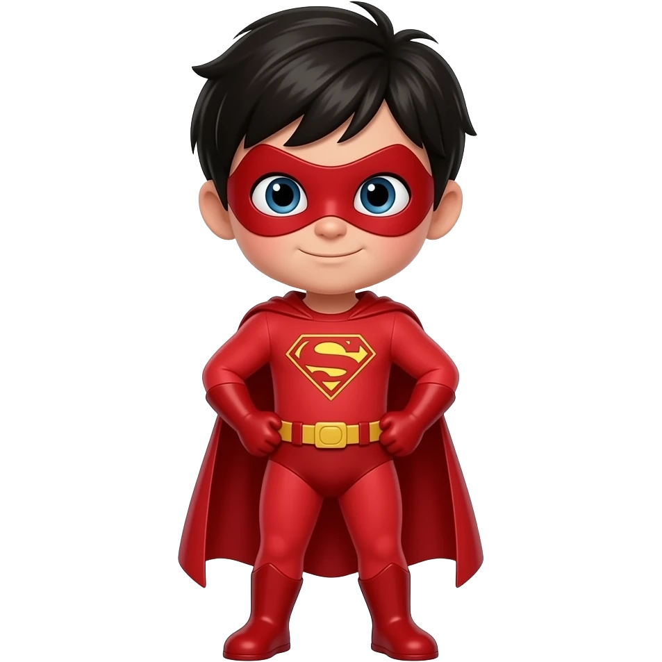 quiero que me hagas a una superheroe con el pelo negro mascara roja i con un traje rojo que sea un niño cuerpo entero emoji