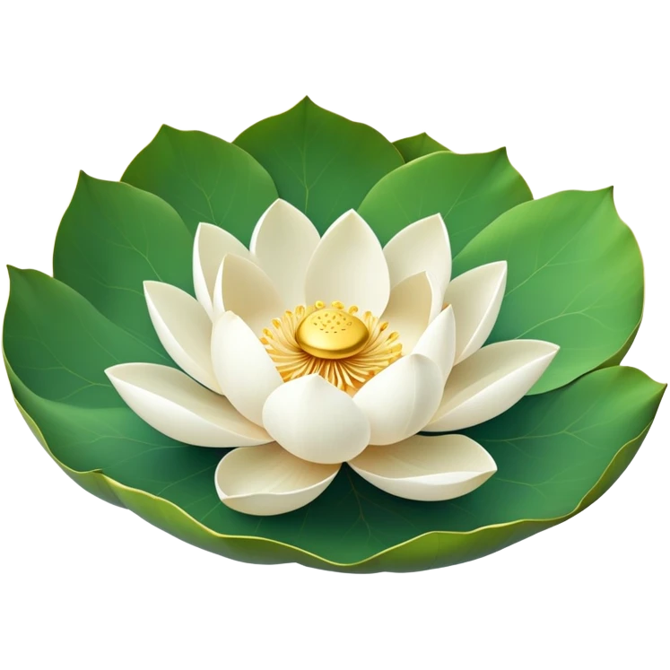 Pure white lotus flower with delicate pristine petals and golden center, accompanied by botanically accurate lotus leaf with distinctive notch and upturned edges emoji