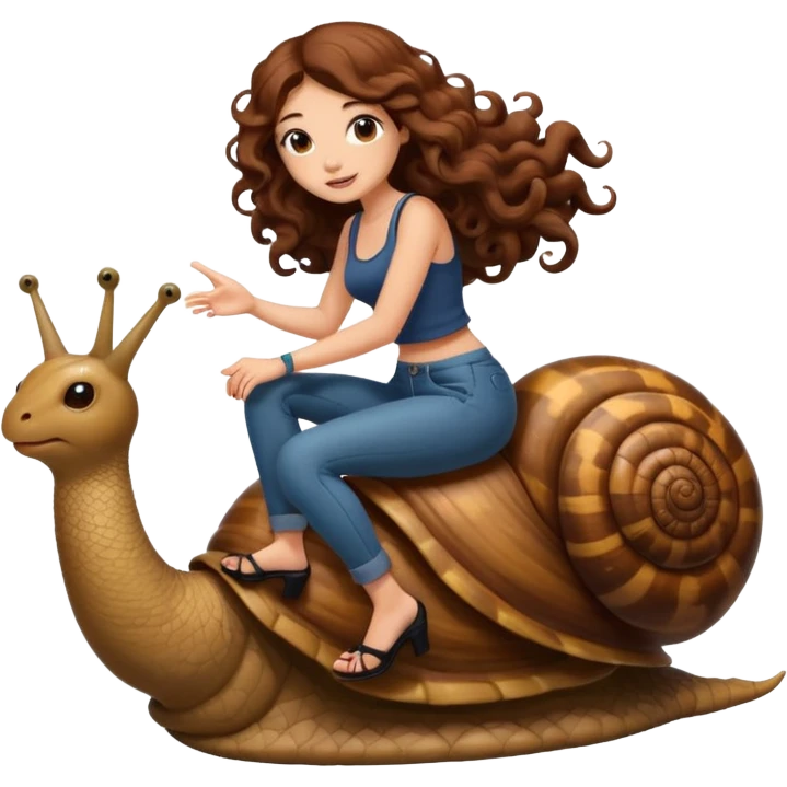 cute woman long curly brown hair tattoos riding giant snail emoji