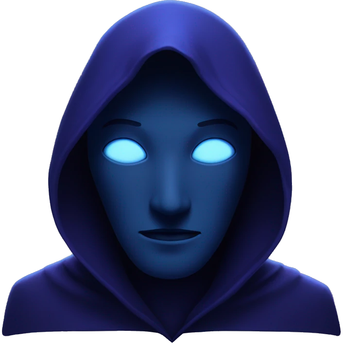 A dark hooded being with a dark blue and purple color scheme with no face, there are 3 vertical blue glowing lines where a face should be emoji